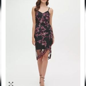 GUESS Sleeveless Floral Lace Chiffon Overlay Sheath Dress